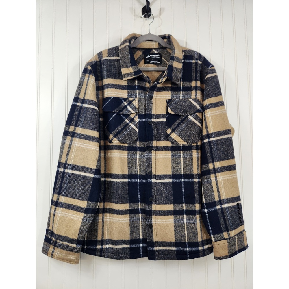 Dakine Men Fleece Lined Plaid Flannel Thick Shirt Jacket Tan Navy Size Large
